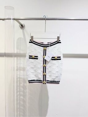 Balmain White Bouclé Pencil Skirt with Black and Pink Trim